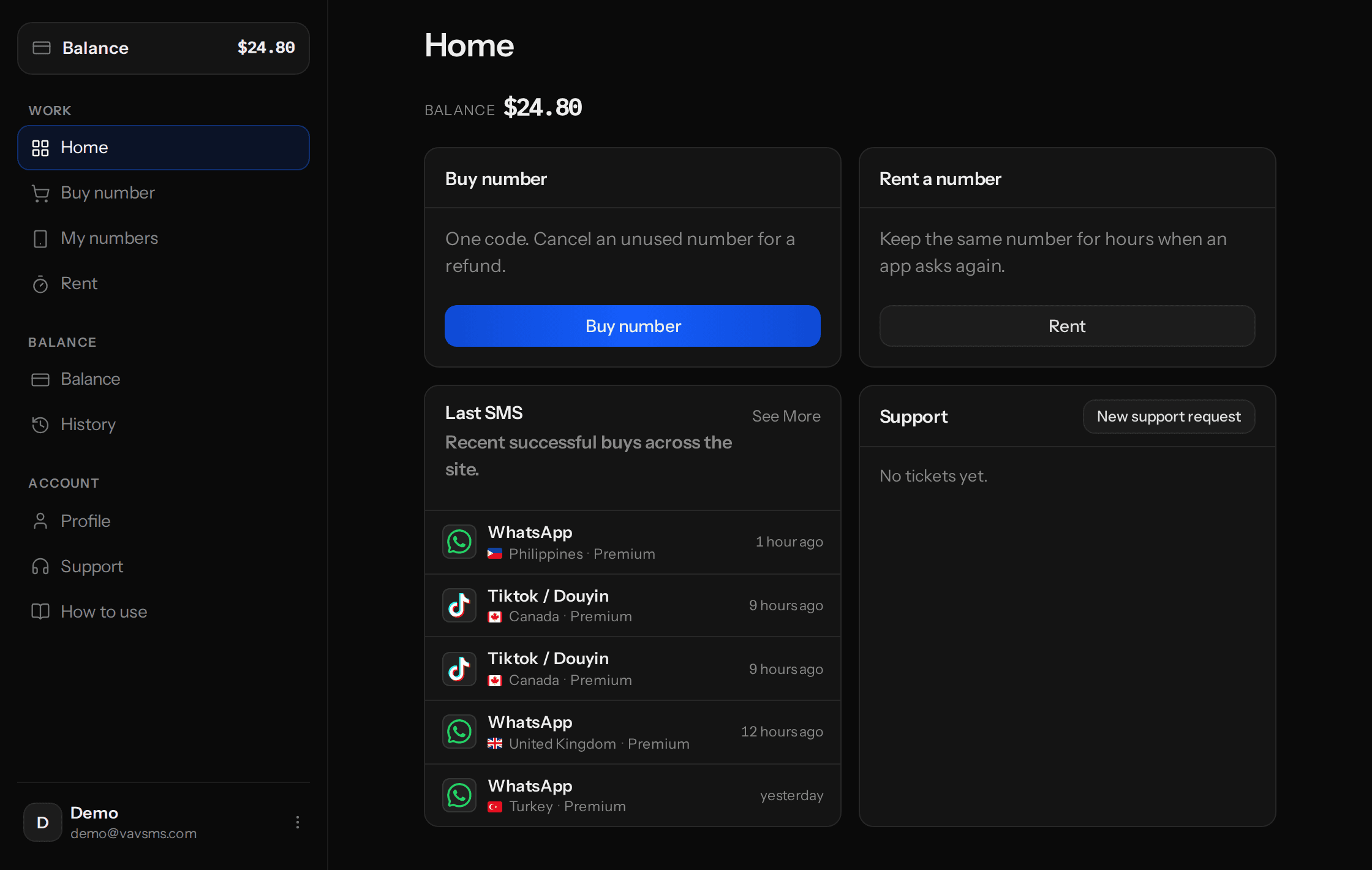 Dashboard — buy a number and read SMS codes
